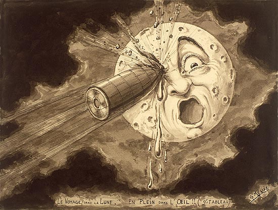 O desenho corresponde ao filme "Viagem à Lua", de Georges Méliès, baseado em obras de Julio Verne e H.G. Wells