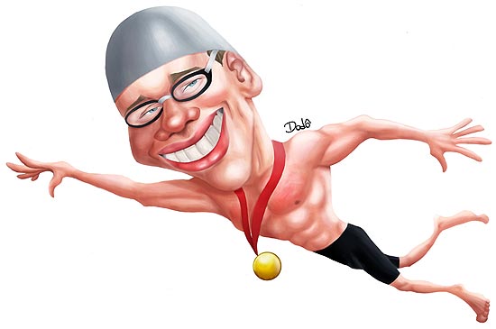 Caricatura do nadador Cesar Cielo (foto) está na exposição "Olimpo Brasileiro", de Dodô Vieira 