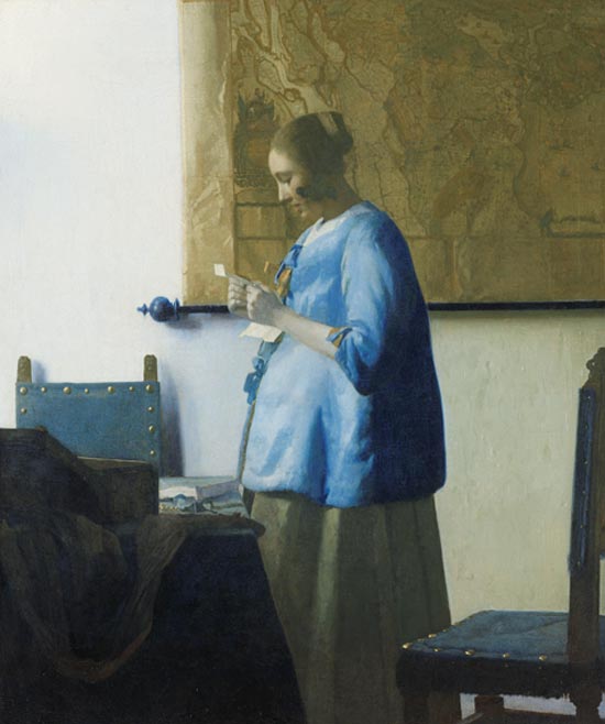 "Mulher de Azul Lendo uma Carta" (foto), obra-prima de Johannes Vermeer, está em exibição no Masp
