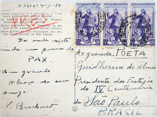 Cartão postal de Victor Brecheret a Guilherme de Almeida