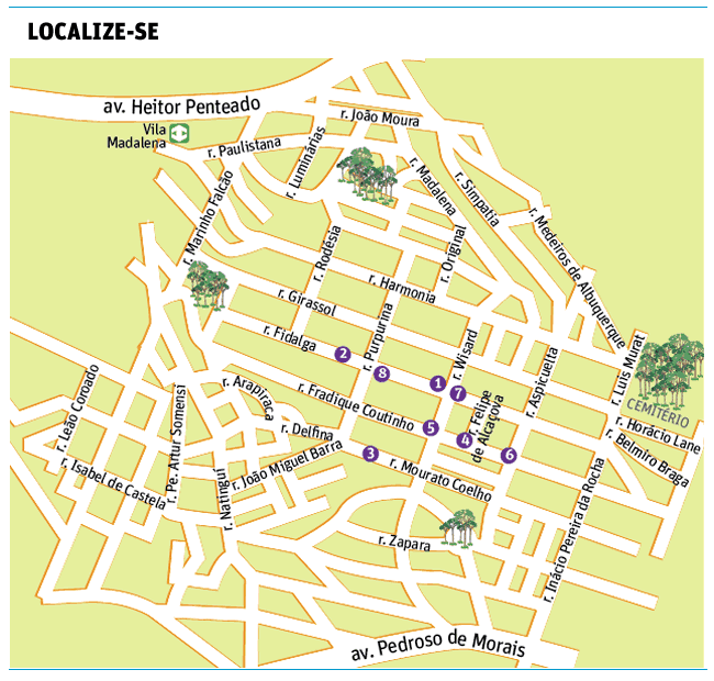 Mapa da Feira de Artes da Vila Madalena, que ocorre no domingo nas ruas Fradique Coutinho, Wisard, Fidalga e Mourato Coelho