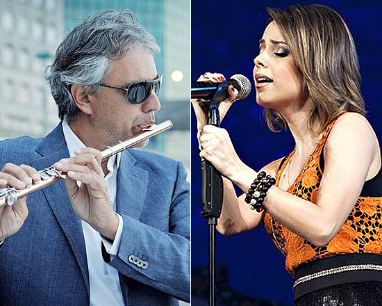 Tenor Andrea Bocelli (esq.) faz show em SP com participação da cantora Sandy 