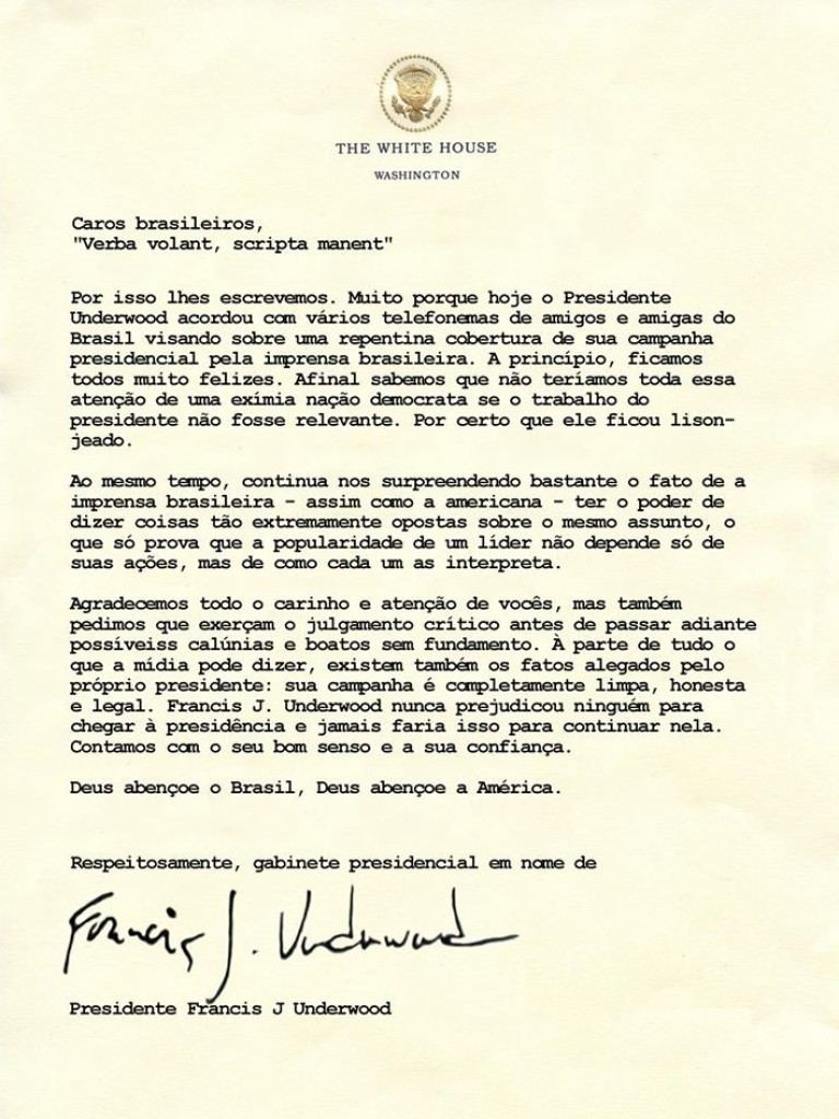 Carta do gabinete de Frank Underwood aos brasileiros