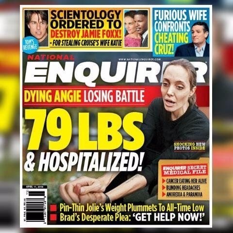 Capa da "Enquire", que diz que Angelina foi internada pesando 79 libras