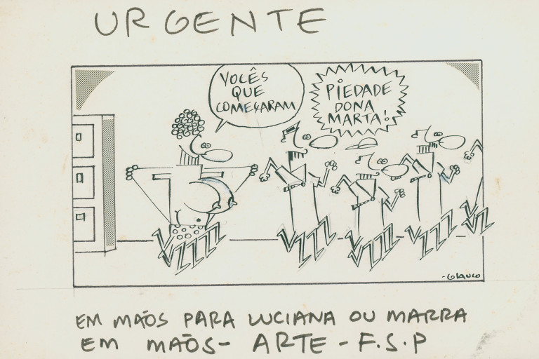 Tirinha de Glauco com anotações do cartunista para equipe da Folha