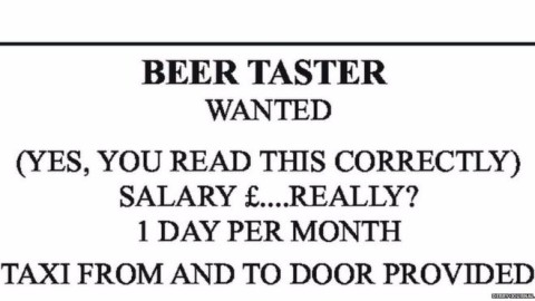 "Buscamos provador de cerveja. sim, você leu corretamente. Salário: precisa? Trabalho um dia por mês e táxi para ir e voltar", diz o anúncio