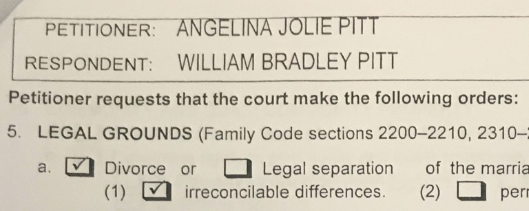 A copy of papers filed at Los Angeles Superior Court by Angelina Jolie shows her petition for divorce from her husband Brad Pitt in Los Angeles