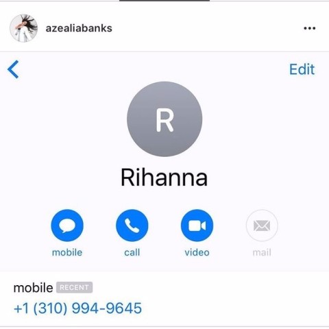 Suposto número de Rihanna publicado por Azealia Banks