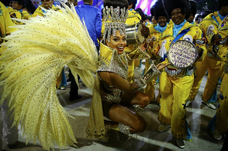Drum queen Juliana Alves from Unidos da Tijuca samba school performs during the second night of the carnival parade at the Sambadrome in Rio de Janeiro