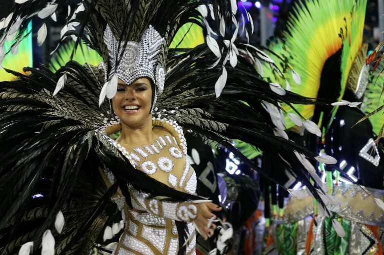 Paloma Bernardi, drum queen from the Grande Rio samba school, performs during the carnival parade at the Sambadrome in Rio de Janeiro