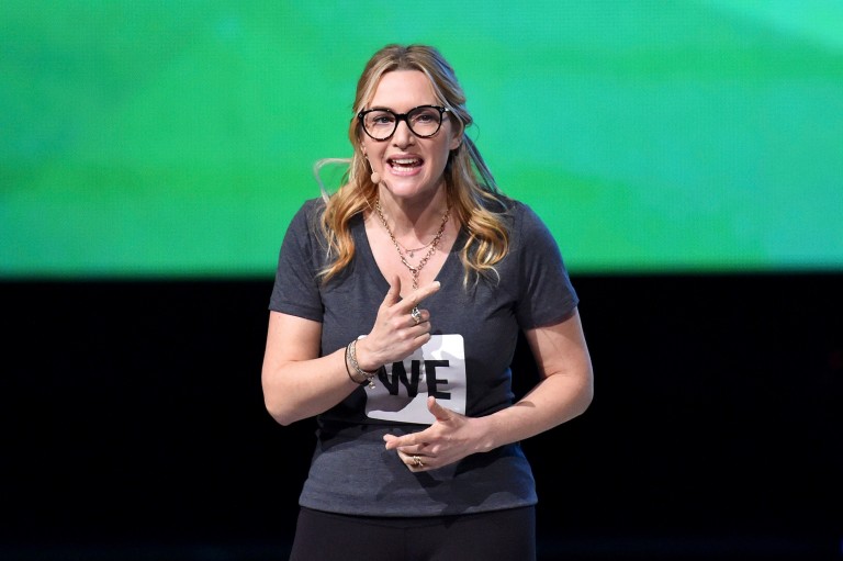 British actress Kate Winslet gestures on stage at the WE Day UK charity event and concert, in London, Wednesday March 22, 2017. The organization 'empowers people to change the world'. (Matt Crossick/P
