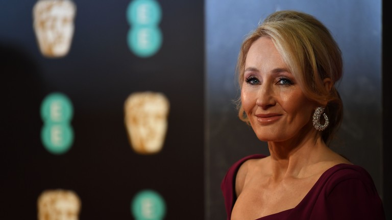 British author J. K. Rowling poses upon arrival at the BAFTA British Academy Film Awards at the Royal Albert Hall in London on February 12, 2017. / AFP PHOTO / Justin TALLIS