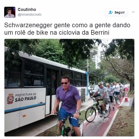 Arnold Schwarzenegger andou de bicicleta em São Paulo 