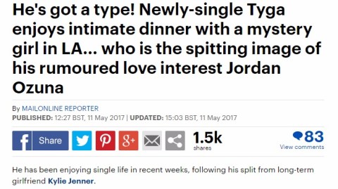 'Tyga aproveita jantar íntimo com garota misteriosa em Los Angeles', escreveu o 'Daily Mail'