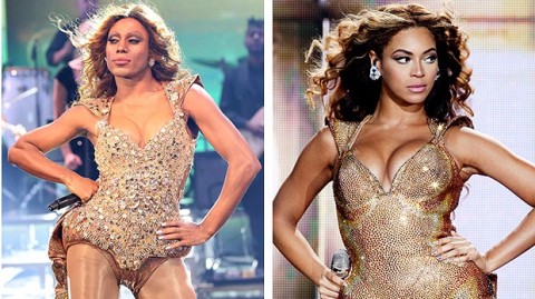 Ícaro Silva como Beyoncé e a verdadeira Beyoncé no quadro "Show dos Famosos"