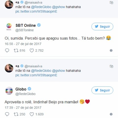 Tuites de Maisa, Globo e SBT