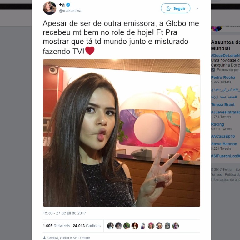 Tuíte de Maísa em visita à Globo