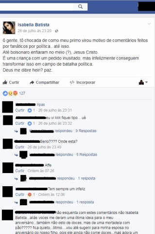 Garoto é vítima de comentários políticos nas redes sociais por causa de bolo de mortadela