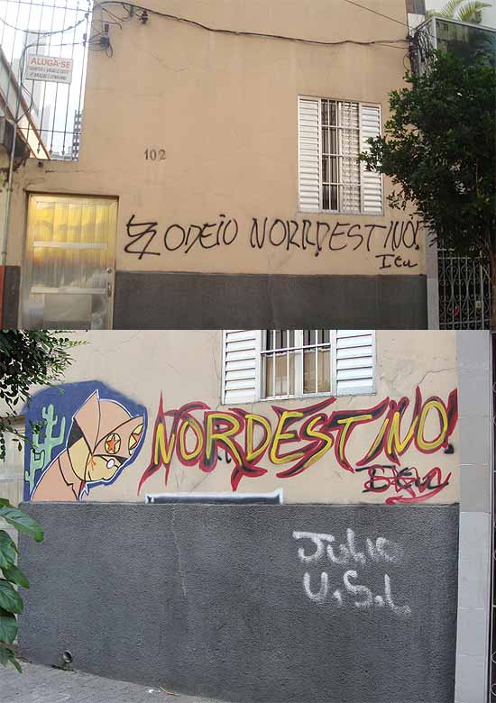 Picharam "ODEIO NORDESTINO" em muro de pensão em SP; dias depois, grafite "apagou" mensagem de ódio