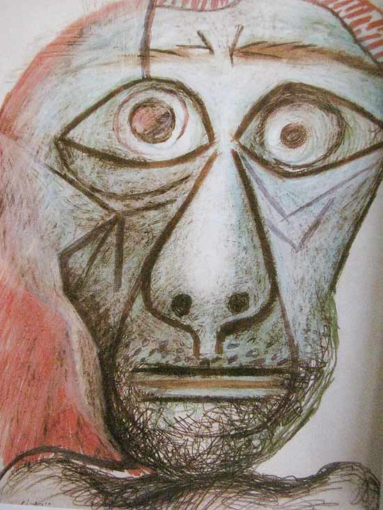 "Auto-retrato" (foto), do espanhol Pablo Picasso,  de 1972 e feito com lpis preto e lpis de cor sobre papel