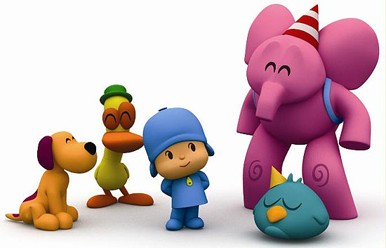 Pocoyo (no centro, de azul) e seus amigos Loula, Pato, Elly e Sonequita protagonizam descobertas e aventuras