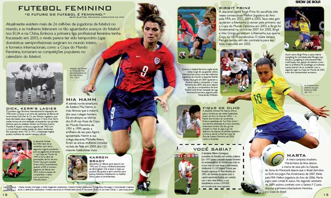Marta, a norte-americana Mia Hamm e Milene Domingues, ex-mulher de Ronaldo, ganham destaque em guia ilustrado sobre futebol
