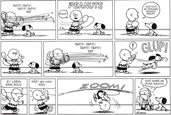 Tira dos Peanuts dos anos 1950; no incio Snoopy no falava e era mais parecido com um cachorro normal