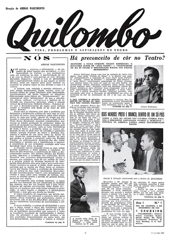 Imagem do jornal "Quilombo", periódico mensal sobre "a vida, problemas e aspirações do negro", que circulou no Rio de Janeiro entre dezembro de 1948 e julho de 1950