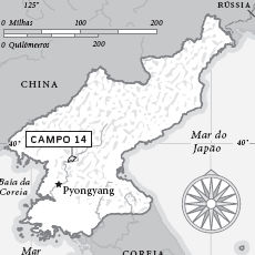 No mapa, a localização do complexos destinados a presos políticos da Coreia do Norte