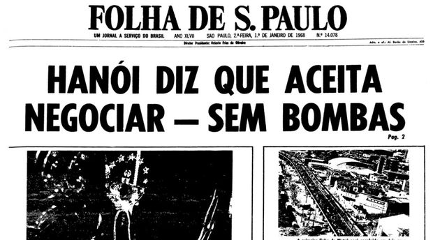 Primeira página da Folha de S.Paulo de 1º de janeiro de 1968. (Foto: Folhapress)