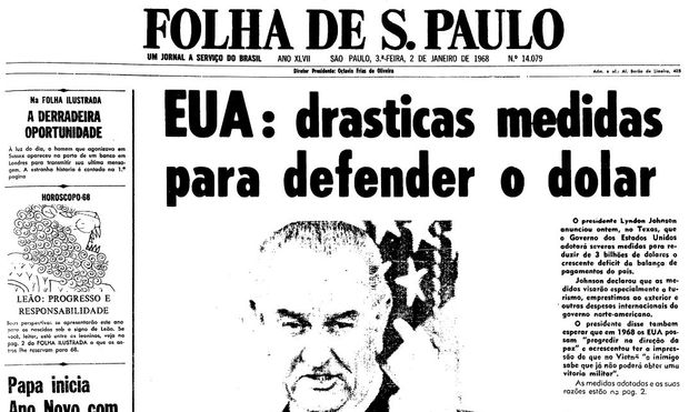 Primeira página da Folha de S.Paulo de 2 de janeiro de 1968. (Foto: Folhapress)
