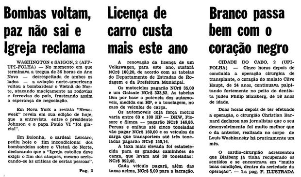 Chamada para a página 2 da Folha de S.Paulo de 3 de janeiro de 1968. (Foto: Folhapress)
