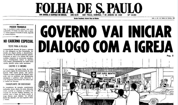 Primeira página da Folha de S.Paulo de 7 de janeiro de 1968. (Foto: Folhapress)