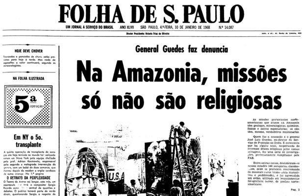 Primeira página da Folha de S.Paulo de 10 de janeiro de 1968. (Foto; Folhapress)