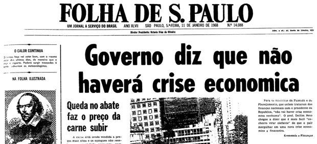 Primeira página da Folha de S.Paulo de 11 de janeiro de 1968. (Foto: Folhapress)