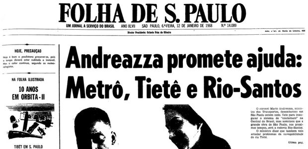 Primeira página da Folha de S.Paulo de 12 de janeiro de 1968. (Foto: Folhapress)