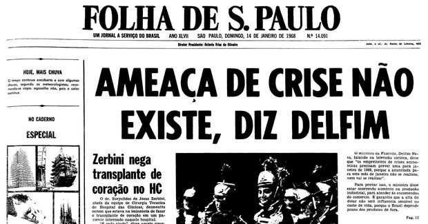 Primeira página da Folha de S.Paulo de 14 de janeiro de 1968. (Foto: Folhapress)