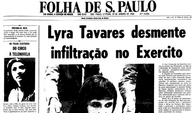 Primeira página da Folha de S.Paulo de 18 de janeiro de 1968. (Foto: Folhapress)