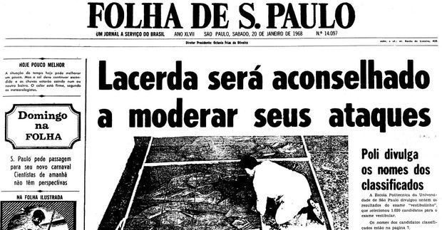 Primeira página da Folha de S.Paulo de 20 de janeiro de 1968. (Foto: Folhapress)