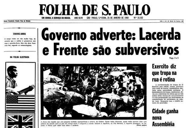 Primeira página da Folha de S.Paulo de 25 de janeiro de 1968. (Foto: Folhapress)