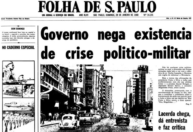 Primeira página da Folha de S.Paulo de 28 de janeiro de 1968. (Foto: Folhapress)