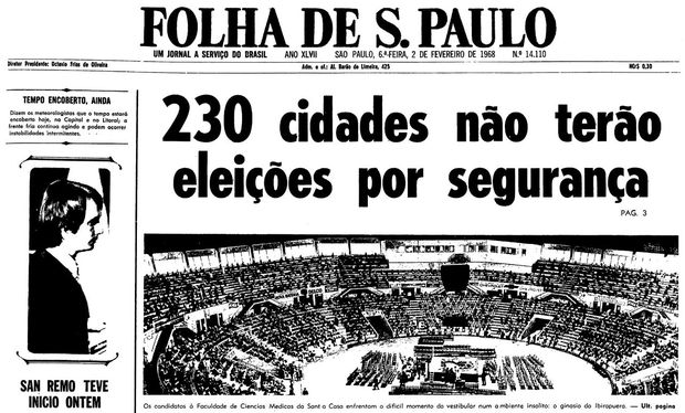 Primeira página da Folha de S.Paulo de 2 de fevereiro de 1968. (Foto: Folhapress)