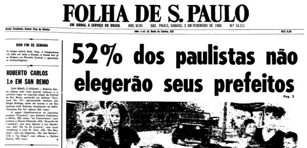 Primeira página de 3 de fevereiro de 1968 da Folha de S.Paulo. (Foto: Folhapress)