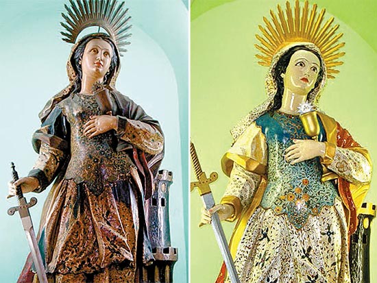 Imagem de Santa Bárbara antes do polêmico restauro (à esq.); nova 'cara' da santa foi considerada grotesca por especialista