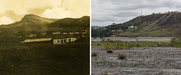  esq. pico do Cau, em Itabira (MG), em 1948;  dir., ao fundo, o mesmo local, hoje aplainado pela minerao