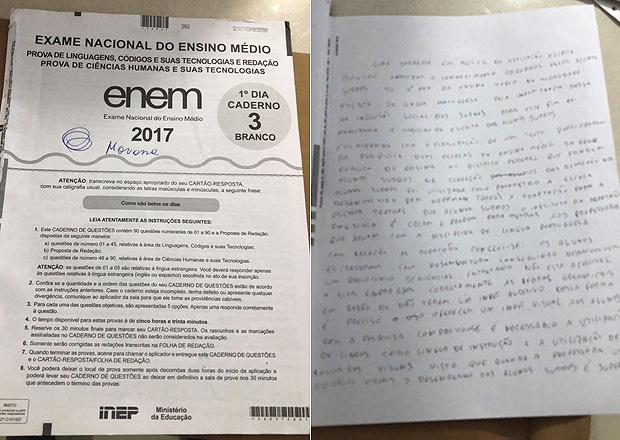 Capa de caderno e redação suspeita de plágio feita por aluno investigado pela PF na Bahia
