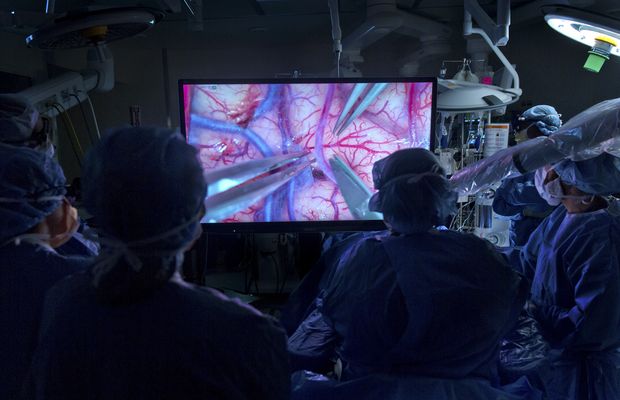 Equipe de cirurgiões observa em 3D procedimento de desvio de artérias feito pelo médico David Langer