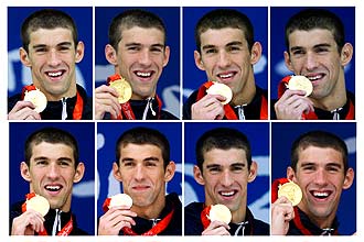 Montagem mostra Michael Phelps com as oito medalhas de ouro recebidas na Olimpíada-08