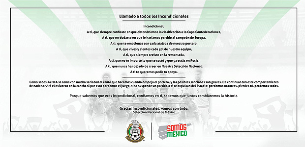 Comunicado da Federação Mexicana de Futebol contra gritos homofóbicos da torcida