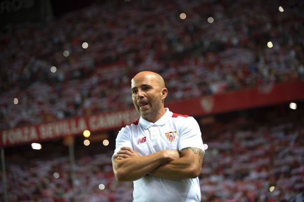 Sevilla's Argentinian head coach Jorge Sampaoli reacts before the first leg of the Spanish Supercup football match between Sevilla FC and FC Barcelona at the Ramon Sanchez Pizjuan stadium in Sevilla on August 14, 2016. / AFP PHOTO / JORGE GUERRERO ORG XMIT: JG12710